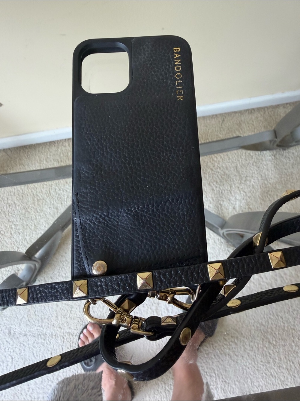 Bandolier Black Leather Phone Case with Gold Studded Strap